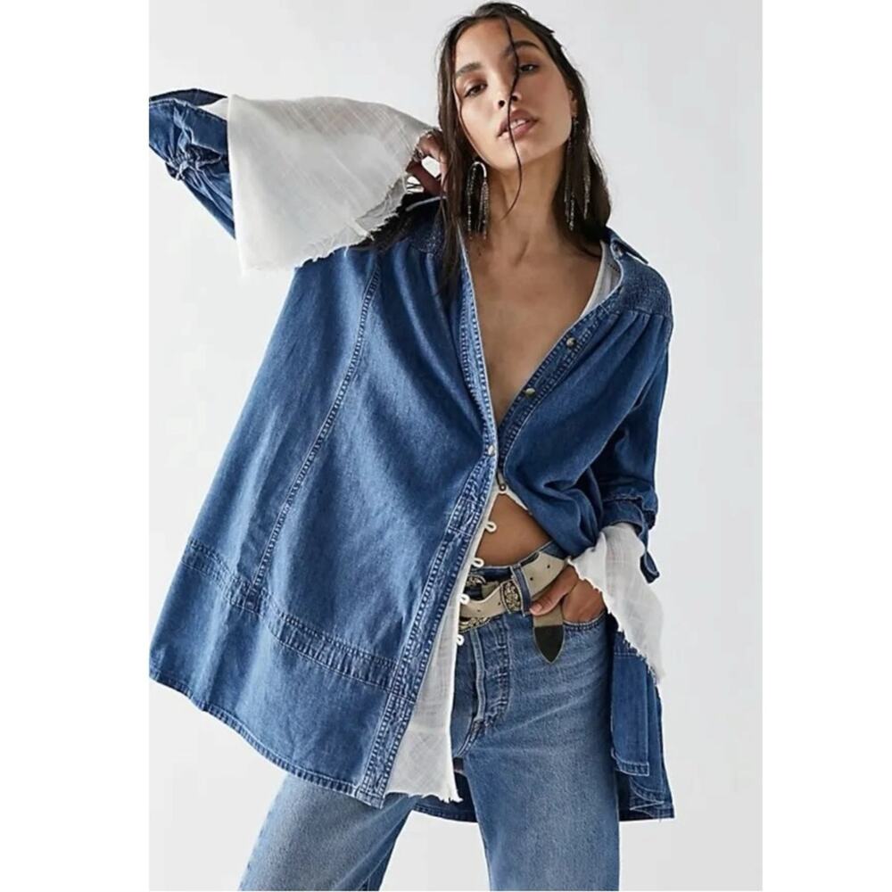 Free People Western Bohemian Vanessa Denim Tunic Top Shirt Dress Size Small